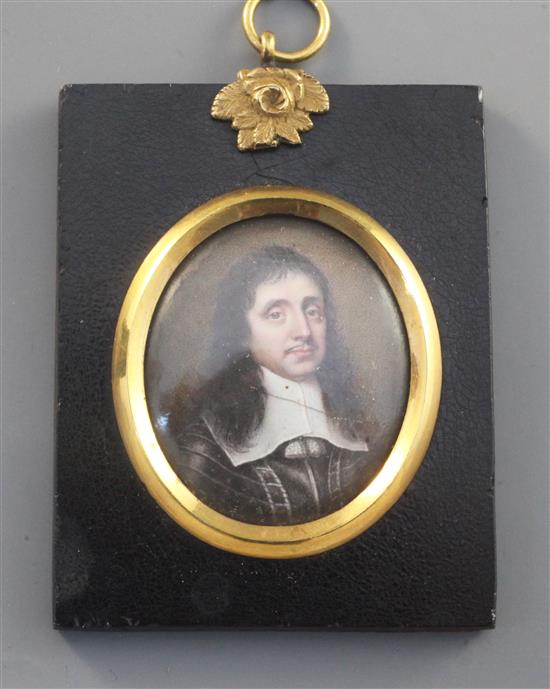19th century English School Portrait of a gentleman, with long brown hair, wearing a suit of armour and a white lawn collar, 1.5 x 1.5i